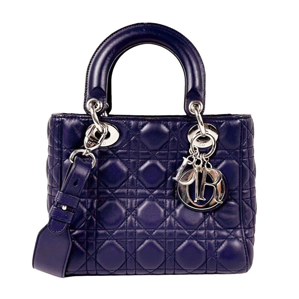 Christian Dior Lady handbag/shoulder bag, lambskin, navy silver, women's, z11128